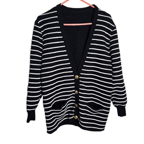 Valentino Sweaters - Vintage Valentino Striped Cardigan Gold Logo Buttons Wool Blend Size 46 Large